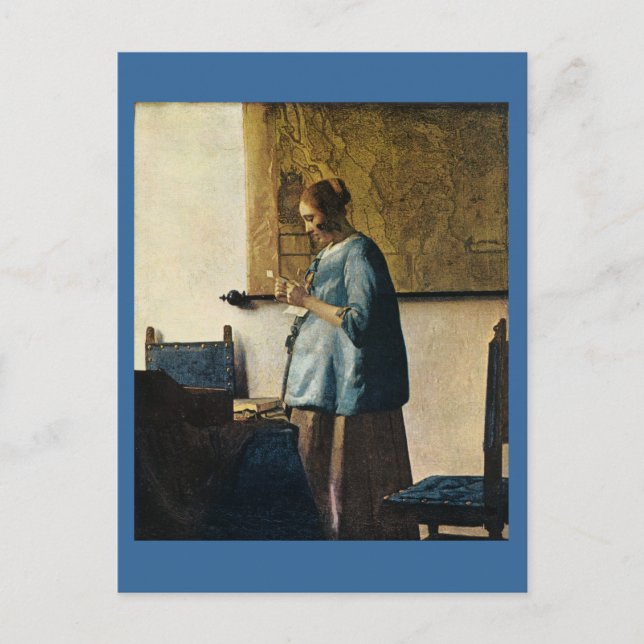 Cartão Postal Mulher de Vermeer a azul lendo uma letra ca.1665 (Frente)
