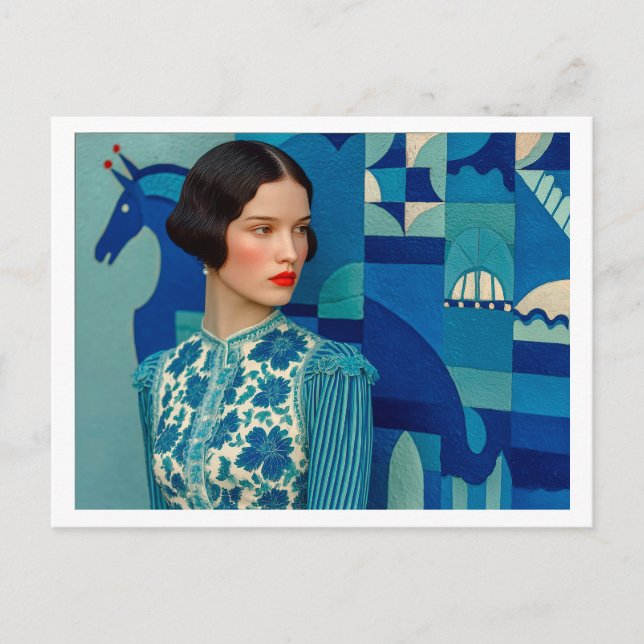 Cartão Postal Mulher de vestido azul floral, pintura de cavalo a (Frente)