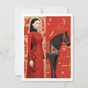 Cartão Postal Mulher de vestido vermelho florado e cavalo preto