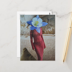 Cartão Postal Mulher Deslumbrante Com Colagem de Cabeça de Flor