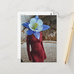 Cartão Postal Mulher Deslumbrante Com Colagem de Cabeça de Flor