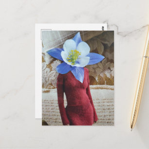 Cartão Postal Mulher Deslumbrante Com Colagem de Cabeça de Flor