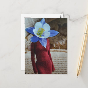 Cartão Postal Mulher Deslumbrante Com Colagem de Cabeça de Flor