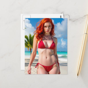 Cartão Postal Mulher Deslumbrante em Biquíni Vermelho 