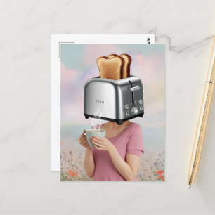 Cartão Postal Mulher do café da manhã surreal com torradeira seg