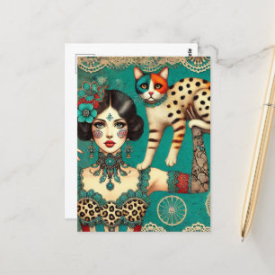 Cartão Postal Mulher do Circo e gato