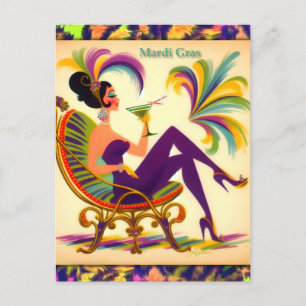 Cartão Postal Mulher do Mardi Gras de Meados do Século com um Ma