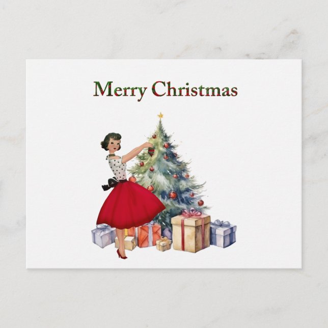 Cartão Postal Mulher do Natal de 1950 com árvore de Natal (Frente)
