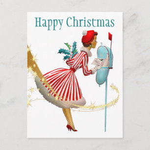 Cartão Postal Mulher do Natal vintage de 1950 com presentes