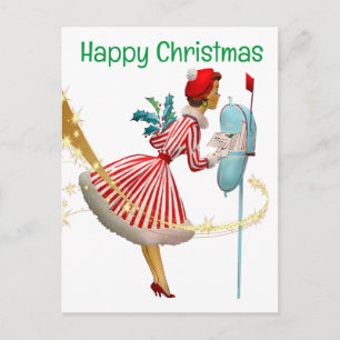 Cartão Postal Mulher do Natal vintage de 1950 com presentes
