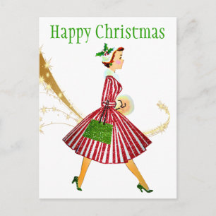 Cartão Postal Mulher do Natal vintage de 1950 com presentes