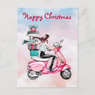 Cartão Postal Mulher do Natal vintage em uma scooter rosa