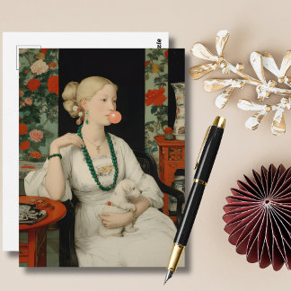 Cartão Postal Mulher e Cachorro Balão de Goma de Mascar Rosa Col