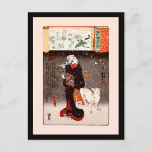 Cartão Postal Mulher e Cachorro em Neve Kuniyoshi Fine Art