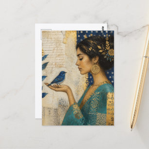 Cartão Postal Mulher e Colagem de Pássaro Azul