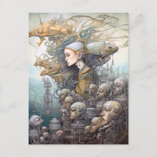 Cartão Postal Mulher e Construção com Cabeças de Arte Surreal