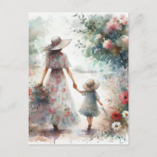 Cartão Postal Mulher e Criança no Jardim de Flores Dia das Mães