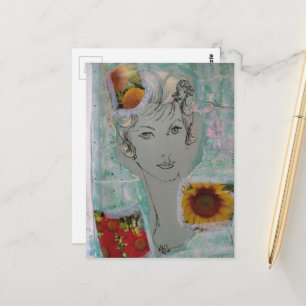 Cartão Postal Mulher e Flores Estilo de Cabelo Retro Colagem