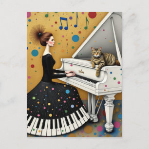 Cartão Postal Mulher e Gato ao Piano Surrealista