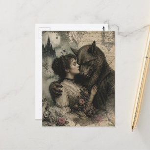 Cartão Postal Mulher e Lobisomem Apaixonados Vintage