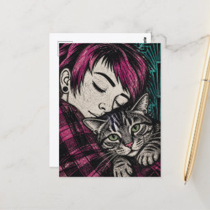Cartão Postal Mulher e Seu Gato Xilogravura