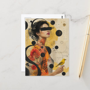 Cartão Postal Mulher e um Colagem de Pássaro Amarelo