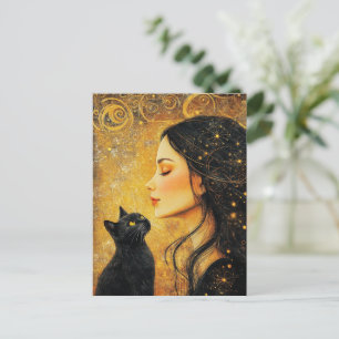 Cartão Postal Mulher e um Gato Preto