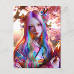 Cartão Postal Mulher Eética Mística bonito com Borboletas