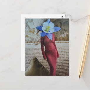 Cartão Postal Mulher Elegante com Colagem de Cabeça de Flor