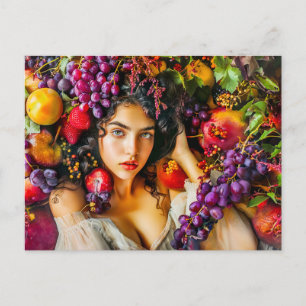 Cartão Postal Mulher elegante com romãs e flores c