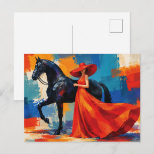 Cartão Postal Mulher Elegante de Vermelho com Cavalo Preto