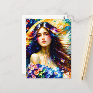 Cartão Postal Mulher em Aquarela Com Flores