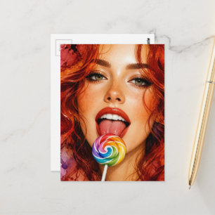 Cartão Postal Mulher em Aquarela Com Pirulito