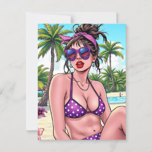 Cartão Postal Mulher em Bikini e Bandanna na praia
