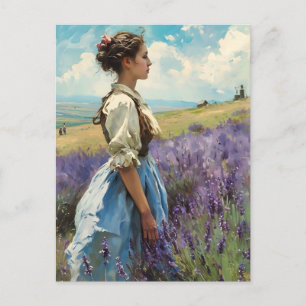Cartão Postal Mulher em campo de lavanda Vintage