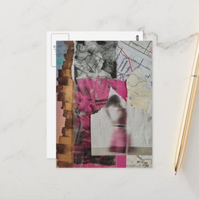 Cartão Postal mulher em colagem abstrata rosa (Frente/Verso In Situ)