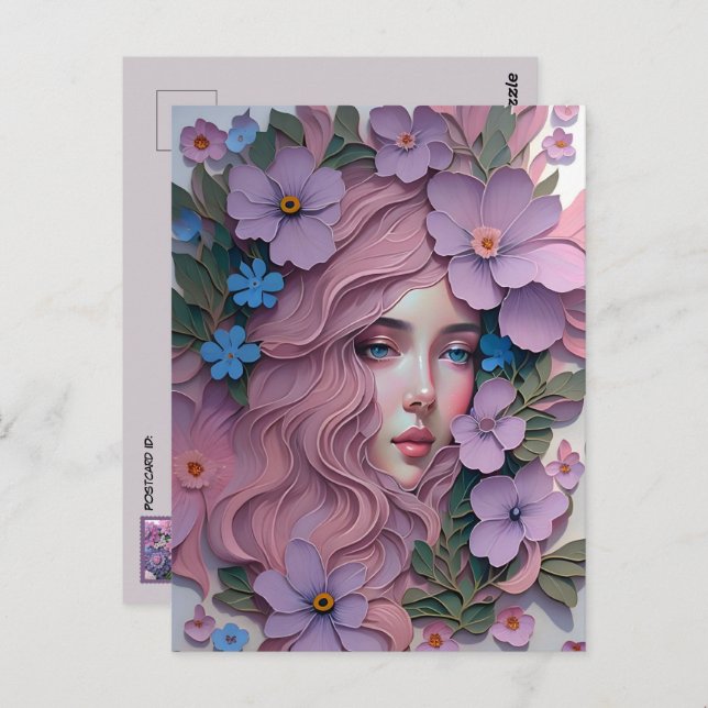 Cartão Postal Mulher em flores pastel, Posto (Frente/Verso)