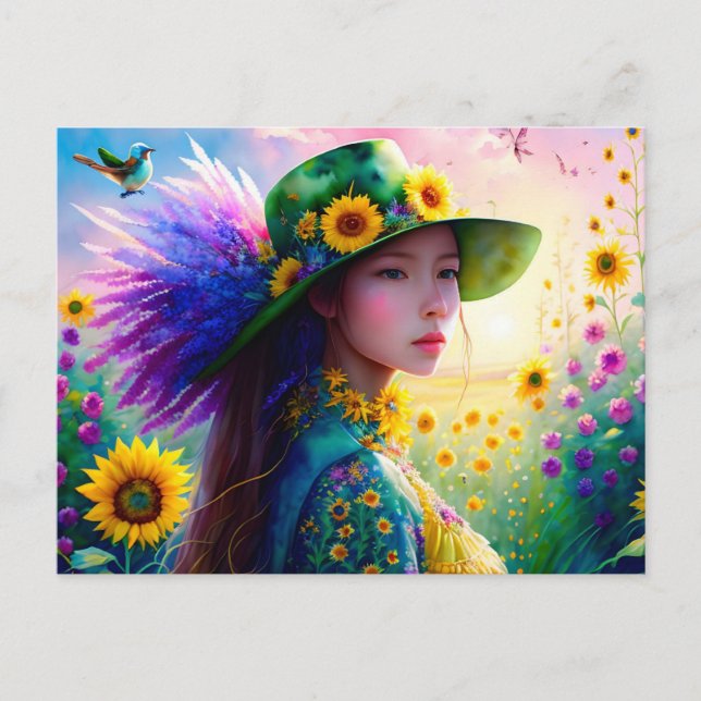 Cartão Postal Mulher em Girassóis, Postcrossing (Frente)