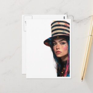 Cartão Postal Mulher em uma Cartola Colorida Colagem de Mídia Mi