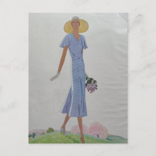 Cartão Postal Mulher em vestido azul e branco Moda dos anos 1930