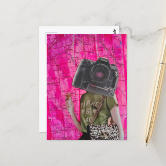 Cartão Postal Mulher Engraçada com Colagem de Cabeça de Câmera
