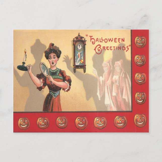 Cartão Postal Mulher Espelha Relógio Fantasma Jack O Lanterna (Frente)
