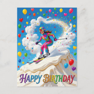 Cartão Postal Mulher Esquiadora de Aniversário Feliz