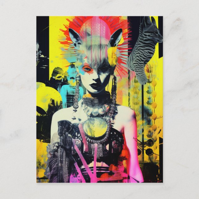Cartão Postal Mulher Fantasia e Colagem Colorida de Animais (Frente)