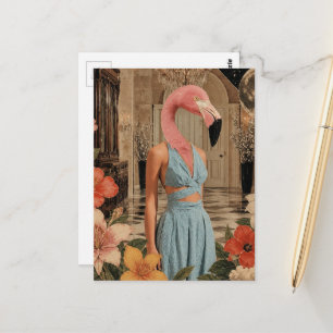 Cartão Postal Mulher Flamingo Vestindo Surreal Azul