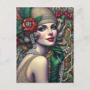 Cartão Postal Mulher Flapper de Natal Deslumbrante Vestido Doura