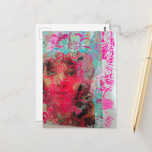 Cartão Postal Mulher Flor Abstrata Colagem Mídia Mista