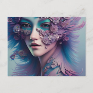 Cartão Postal Mulher Floral e Penas