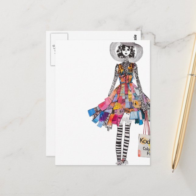 Cartão Postal Mulher Fofa em Roupa de Moda em Colagem (Frente/Verso In Situ)