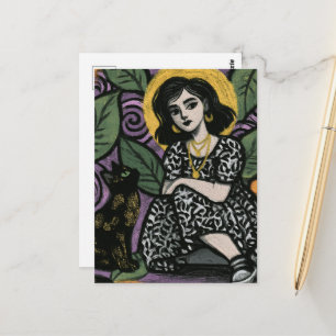 Cartão Postal Mulher fofa sentada com seu gato 